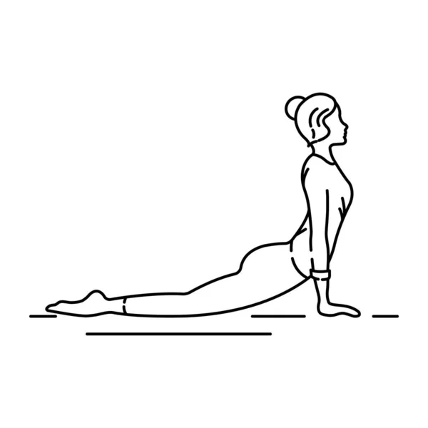 眼镜蛇Bhujangasana黑线图标 仰卧起坐的阿萨纳在哈他瑜伽和现代瑜伽作为运动 移动应用 宣传用的象形文字 Gui设计元素 可编辑笔划 — 图库矢量图片