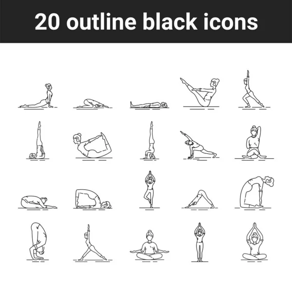 Conjunto Iconos Línea Negra Yoga Distintas Posturas Yoga Asanas Pictograma — Vector de stock