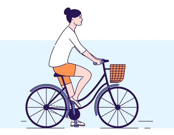 Rapariga Anda Bicicleta Feminina Com Ilustração Vetorial Cesta Estilo Vida — Vetor de Stock