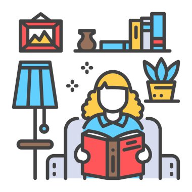 Koltukta oturan yüzsüz kız ve kitap rengi ikonu okuyor. İç mekan. Salon manzaralı, dekoratif elementler. Vektör izole illüstrasyon. Düzenlenebilir vuruş.