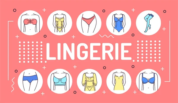 Lingerie Woord Belettering Typografie Categorie Vrouwenkleding Infographics Met Lineaire Pictogrammen — Stockvector