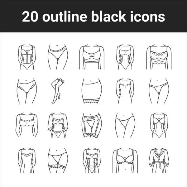Fehérnemű Fekete Vonal Ikonok Beállítva Női Ruházat Kategóriája Beleértve Legalább — Stock Vector