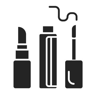 Ruj ve dudak parlatıcısı siyah simge. Dekoratif kozmetik işareti. Güzellik endüstrisi. Profesyonel yüz makyajı. Web sayfası için piktogram, mobil uygulama, tanıtım. UI UX Arayüz tasarım ögesi.