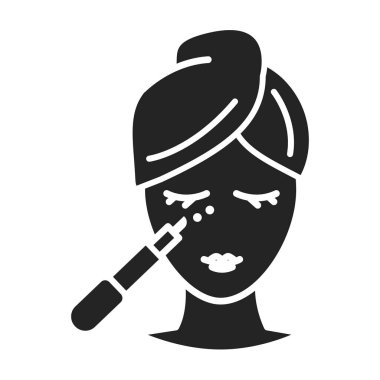 Cilt bakım simgesi. Göz jeli işareti olan bir kadın. SPA, kozmetik prosedürleri. Web sayfası için piktogram, mobil uygulama, tanıtım. UI UX Arayüz tasarım ögesi