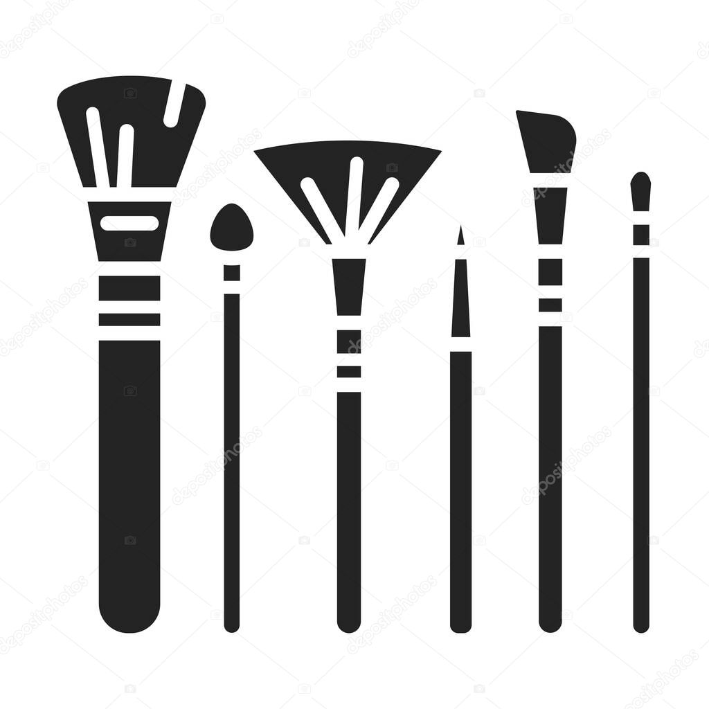 Collection brushes black glyph icon. Cosmetics accessory sign. Beauty industry. Professional facial make up. Pictogram for web page, mobile app, promo. UI UX GUI design element.