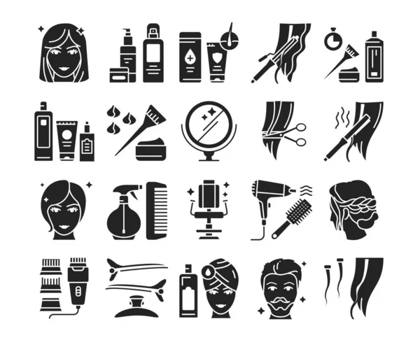 Friseurservice Schwarze Glyphen Symbole Gesetzt Professionelles Haarstyling Beauty Industrie Piktogramme — Stockvektor