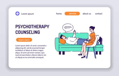 Psikoterapi danışmanı web afişi. Beyaz arkaplandaki izole çizgi film karakterleri. Web sayfası, sunum, smm, ad, site kavramı. Vektör çizimi. UX Kullanıcı Arayüzü tasarımı