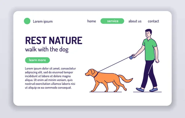 Rust Natuur Web Banner Jongeman Loopt Met Hond Geïsoleerde Stripfiguur — Stockvector