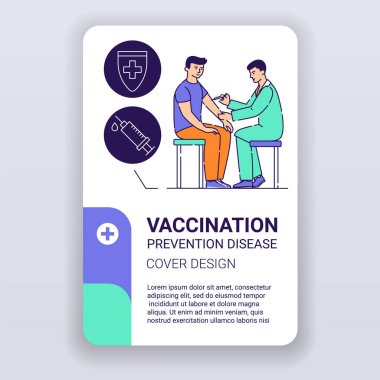 Aşılama broşürü. Tedavi, önleme ve bağışıklık tasarımı. Çizgi film karakterini beyaz arkaplanda doğrusal çizimlerle yazdır