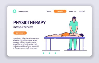 Fizyoterapi web pankartı. Sağlık sigortası. Beyaz arka planda izole edilmiş çizgi film karakteri. Web sayfası, sunum, smm, ad, site kavramı. UX Kullanıcı Arayüzü tasarımı.