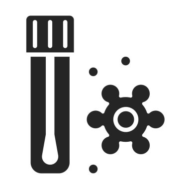 Tükürük testi siyah glyph ikonlu laboratuvar tüpü. Coronavirus hastalığını kontrol et. Sağlık hizmetleri. Web sayfası, mobil uygulama, tanıtım için resim grafiği.