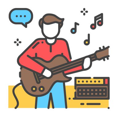 Adam gitar rengi simgesinde çalıp şarkı söylüyor. Eğlenmek için. Ev tatili. Vektör izole illüstrasyon. Düzenlenebilir vuruş