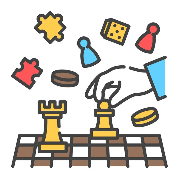 Настольная Игра Иконкой Цвета Шахматной Линии Рука Держит Шахматную Фигуру — стоковый вектор