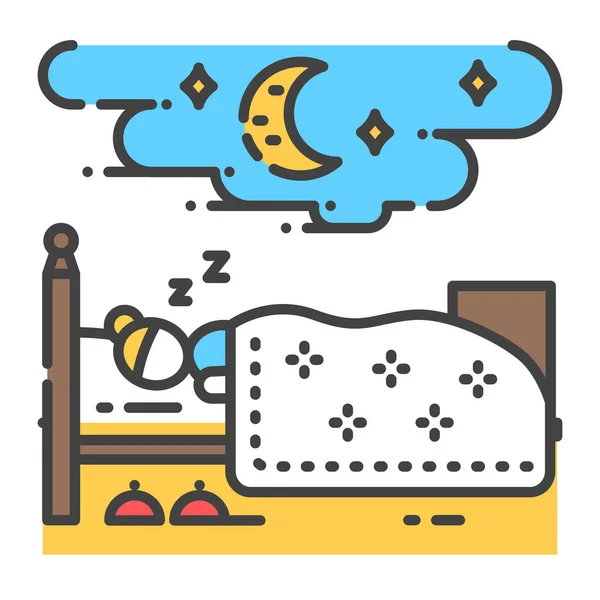 ベッドのカラーラインのアイコンで寝ている女性 家の中だ 家具付きの寝室の屋内ビュー ベクトル分離図 編集可能なストローク — ストックベクタ