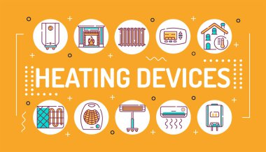 Isıtma cihazları kelime harfleri tipografi. Turuncu arkaplanda doğrusal simgeleri olan bilgi grafikleri. İzole edilmiş dış hat renk çizelgesi.