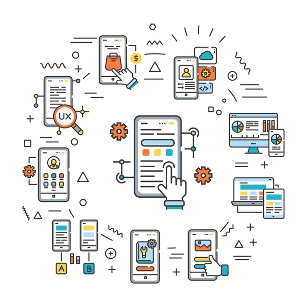 Uygulama geliştirme web afişi. Mobil uygulama oluşturuluyor ve kullanılıyor. Beyaz arkaplanda doğrusal simgeleri olan bilgi grafikleri. Yaratıcı fikir konsepti. İzole edilmiş dış hat renk çizelgesi.