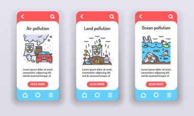 Mobil uygulamalarda eko problemleri var. Gezegen kirliliği. Beyaz arka plan ve mobil malzeme geliştirme web sitesi için pankartlar. UI UX Arayüz şablonu