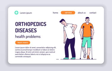 Ortopedi hastalıkları web pankartı. Sırtı ağrıyan bir adam. Bacağı kırık bir adam koltuk değneklerinin üzerinde duruyor. Beyaz arka planda izole edilmiş çizgi film karakteri. Web sayfası, sunum kavramı. UX Kullanıcı Arayüzü tasarımı.
