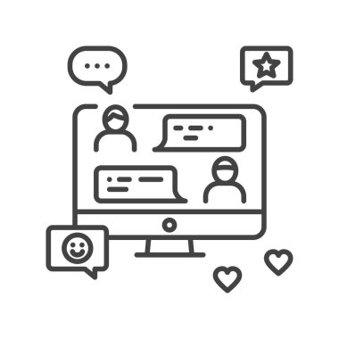 Çevrimiçi bir siyah çizgi ikonunda sohbet. İnternet iletişimi. Ev tatili. Vektör izole illüstrasyon. Düzenlenebilir vuruş