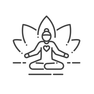 Yüzsüz kız oturmuş meditasyon yapıyor siyah çizgi ikonu gibi duruyor. Yoga pozu. Asana. Ev tatili. Vektör izole illüstrasyon. Düzenlenebilir vuruş.
