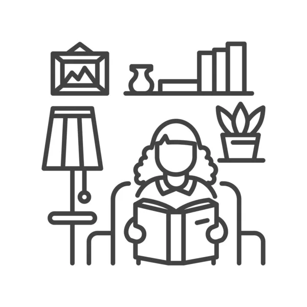 顔のない少女が肘掛け椅子に座り 本の黒い線のアイコンを読んでいる 家の中だ 要素の装飾が施されたリビングルームの屋内ビュー ベクトル分離図 編集可能なストローク — ストックベクタ