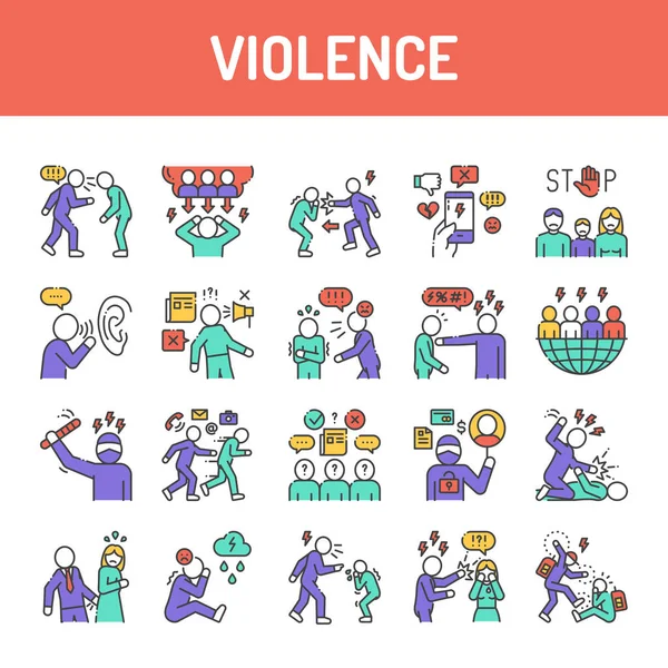 Gewalt Farbe Linie Symbole gesetzt. Belästigung, sozialer Missbrauch und Mobbing. Schilder für Webseite, mobile App, Schaltfläche, Logo. Essbarer Schlaganfall — Stockvektor