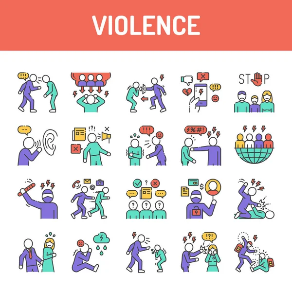 Icônes de ligne de couleur de violence réglées. Harcèlement, abus social et intimidation. Signes pour page web, application mobile, bouton, logo. Course modifiable — Image vectorielle