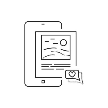 Siyah çizgi simgesi gönderiliyor. Sosyal medya bilgisi işareti. Akıllı telefonda içerik terfisi. Web sayfası için piktogram, mobil uygulama, tanıtım. UI UX GUI tasarım elemanı. Düzenlenebilir vuruş