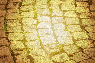 doku, arka plan. Granit taş kaldırım. Asfalt karayolu sokak. herhangi bir taş döşeli alan veya yüzey. Eski Arnavut kaldırımlı yol kaldırım doku, çim taşları arasında