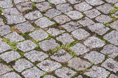 doku, arka plan. Granit taş kaldırım. Döşeli roadwa