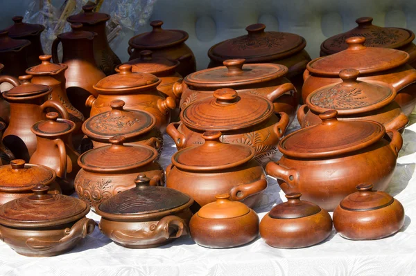 Pottery Pots Dishes Other Articles Made Earthenware Baked Clay Pottery — Stock Photo, Image