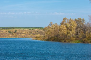Fall river. Göl ile güzel ormanda kırmızı ve sarı renk üzerine sonbahar renkli yeşillik. Bir nehir, sonbahar yatay. Güzel bir sonbahar sahne, sonbahar