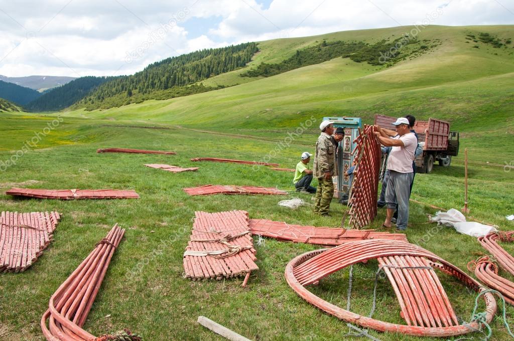 Kazakhstan in July 2014 construction of the yurt. a circular tent of felt or skins on a collapsible framework, used by nomads in Mongolia, Kazakhstan, and Turkey.