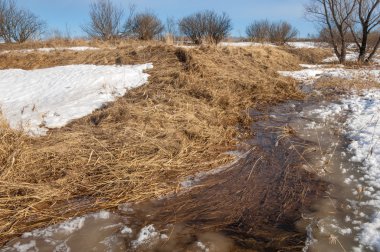 Brook bahar. güneşli bir bahar brooks suda eriyen doku. nehir dere dere. Bahar Nehri üzerinde buz erime. 