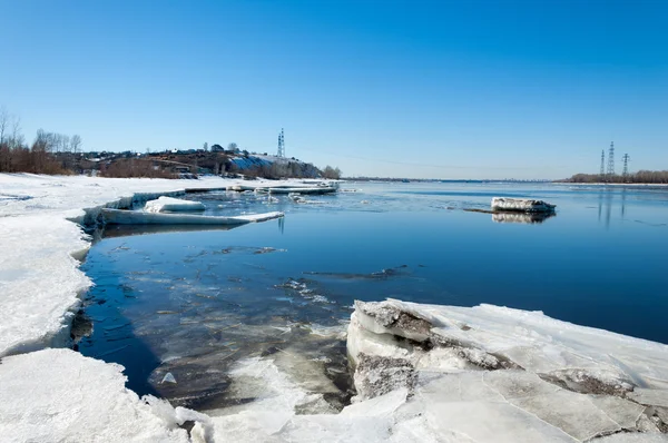 River With Broken Ice.  ice hummocks on the river in spring.