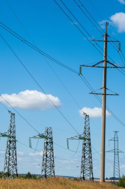 Elektrik pilon mavi gökyüzü karşı detay: yüksek gerilim elektrik direği aşağıdan
