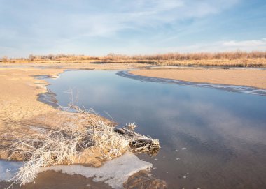 Kış manzarası. Nehir sis soğuk suda. kum plaj buzla kaplıdır. Ili Nehri kış. Kazakistan