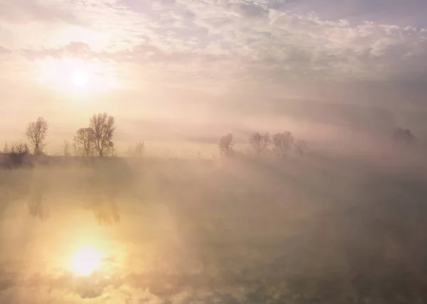 Winter landscape. The sun shines in the photo camera. the trees and grass frost. water in the river heavy fog