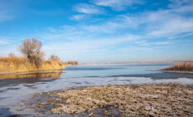 Kış manzarası. Nehir sis soğuk suda. kum plaj buzla kaplıdır. Ili Nehri kış. Kazakistan