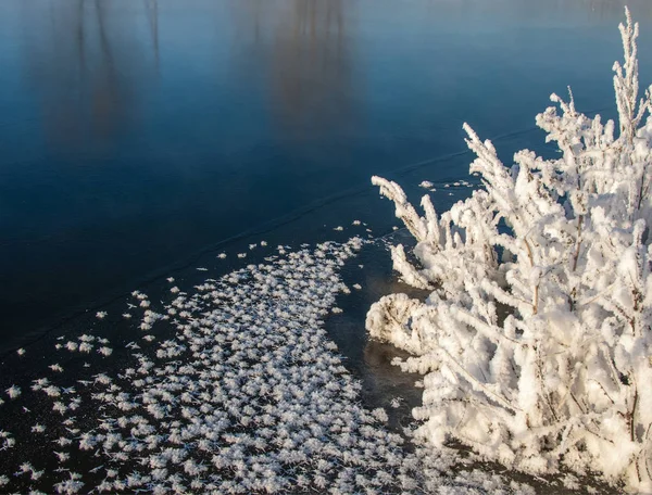 Inverno Peyzazh Tekstura Sfondo Modello Cristalli Ghiaccio Congelati Sul Ghiaccio — Foto Stock