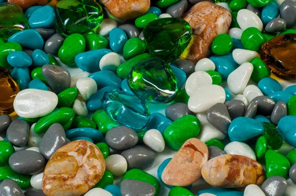 Texture Background Marine Pebbles Background Pebbles Various Shells Glass Hearts — Stock Photo, Image