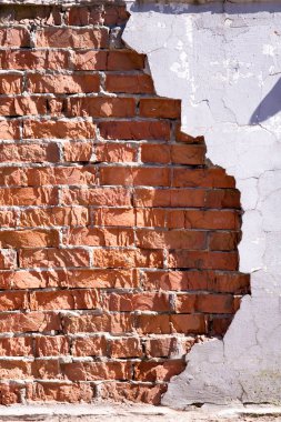 Doku, arka plan. tuğla eski sıva. metin için yer ile grunge tuğla duvar eski. Arka plan için tuğla eski duvar dokusu. arka plan doku kırık sıva ile tuğla duvar