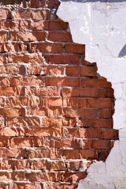 Doku, arka plan. tuğla eski sıva. metin için yer ile grunge tuğla duvar eski. Arka plan için tuğla eski duvar dokusu. arka plan doku kırık sıva ile tuğla duvar