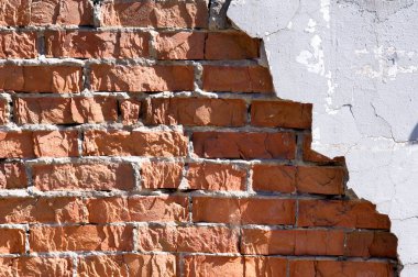 Doku, arka plan. tuğla eski sıva. metin için yer ile grunge tuğla duvar eski. Arka plan için tuğla eski duvar dokusu. arka plan doku kırık sıva ile tuğla duvar