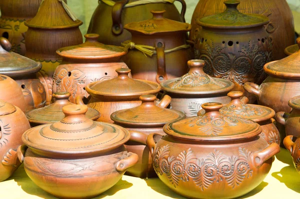 Pottery Pots Dishes Other Articles Made Earthenware Baked Clay Pottery — Stock Photo, Image