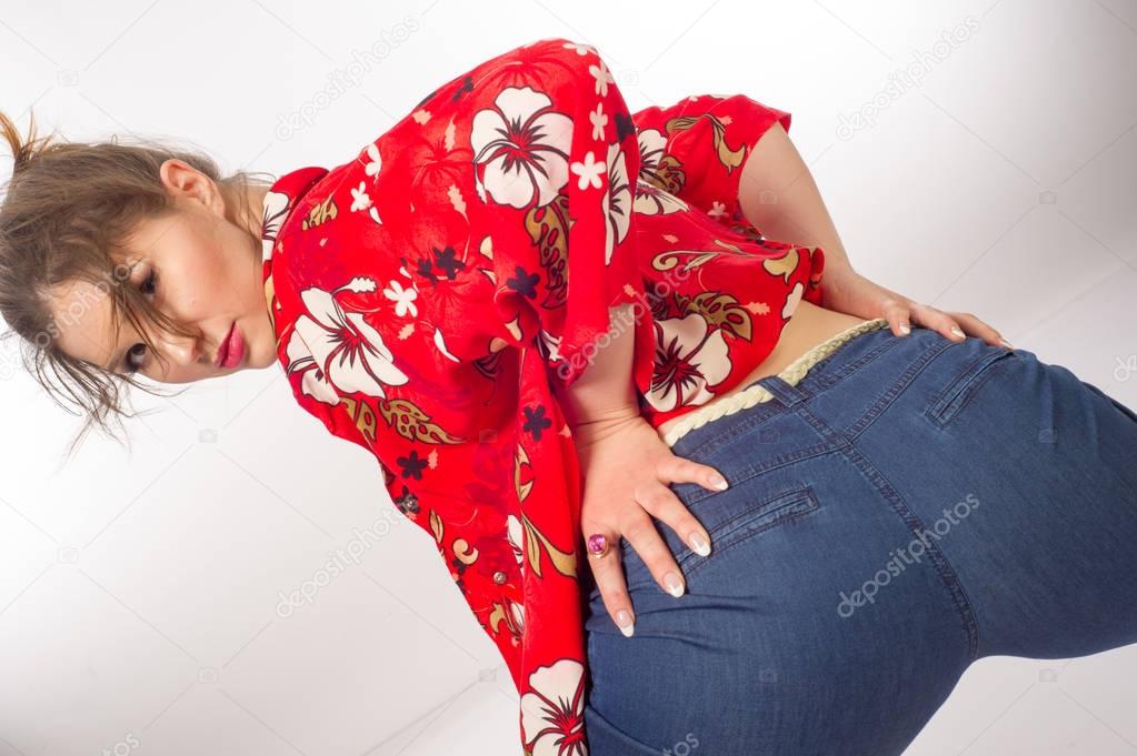 girl in jeans and a Hawaiian shirt. ass