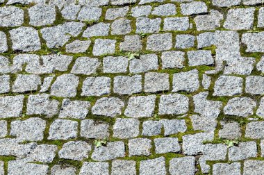 Sorunsuz doku, arka plan. Granit kaldırım. Döşeli veya kaplı asfalt karayolu sokak.