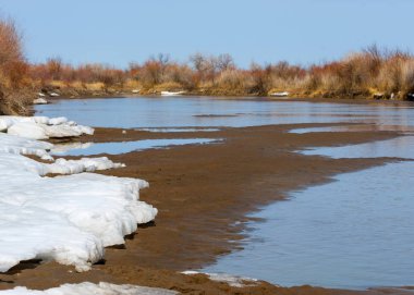 nehir son buz. Son buz parçası. son buz Ili Nehri üzerinde iğne. Orta Asya, Kazakistan bozkırlarında