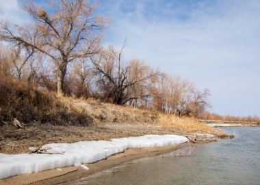 nehir son buz. Son buz parçası. son buz Ili Nehri üzerinde iğne. Orta Asya, Kazakistan bozkırlarında