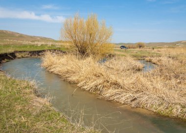 Son bahar kar dokusuna güneşli bir bahar brooks suda eritin. nehir dere dere. Bahar Nehri üzerinde buz erime. 